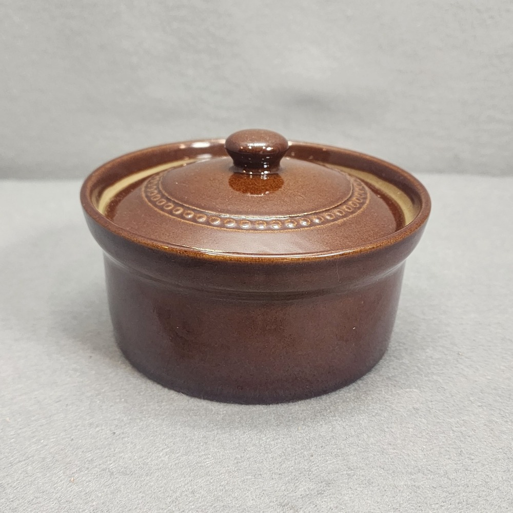 Pearsons of Chesterfield Lidded Crock Brown Beaded Stoneware England Small 5in